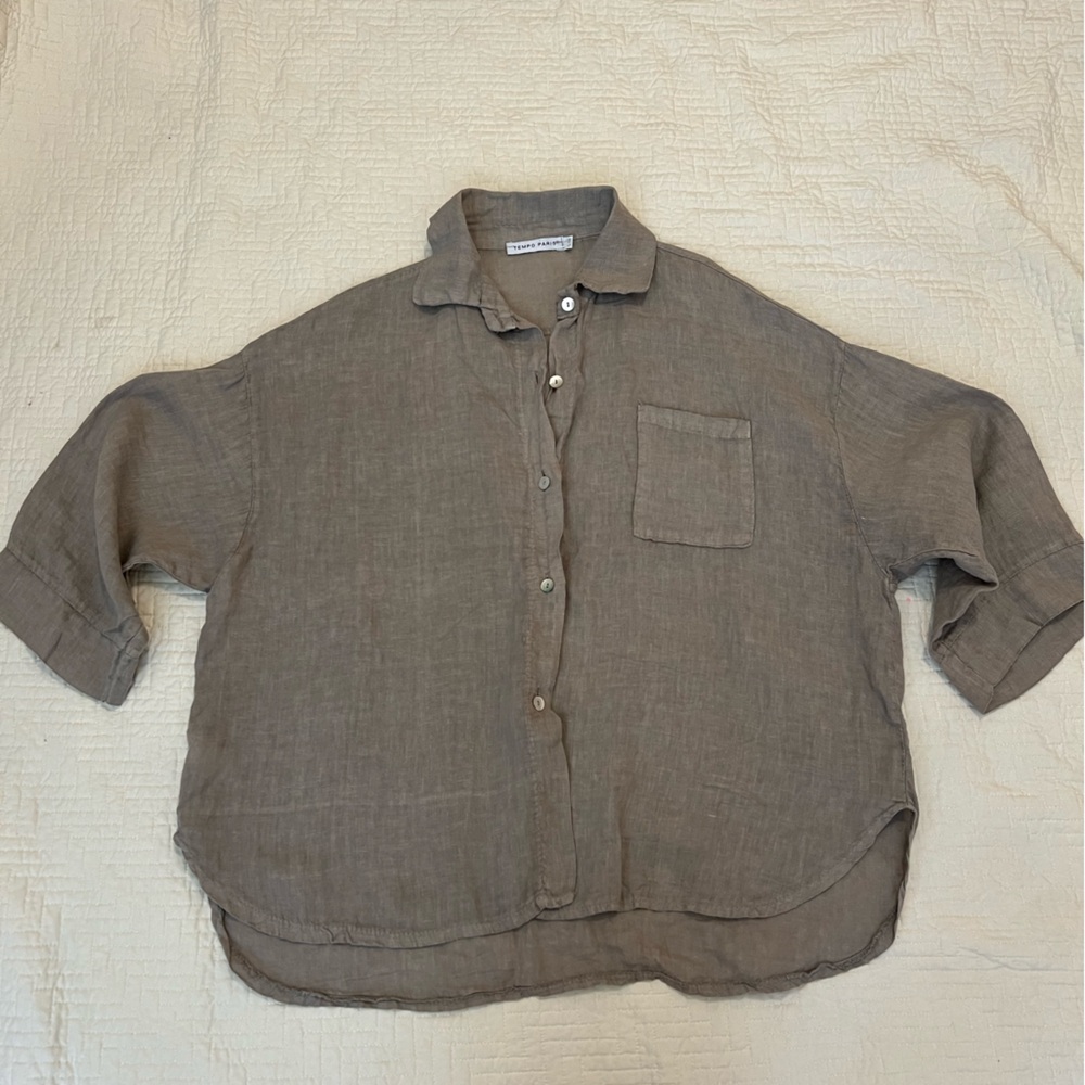 Tempo Paris 100% Linen Tan Button Down Shirt Size Small Medium